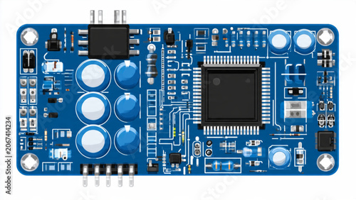 blue electronic circuit board with microchip capacitors and resistors for technology development