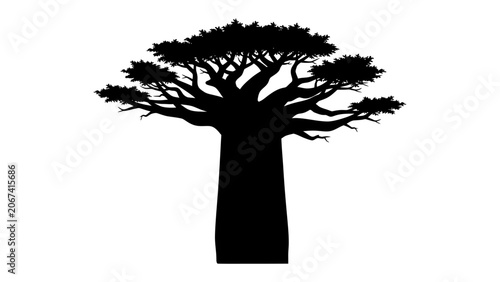 Obraz na plátně Baobab Tree Silhouette: A striking black silhouette of an iconic baobab tree, its massive trunk and sprawling branches starkly defined against a plain background