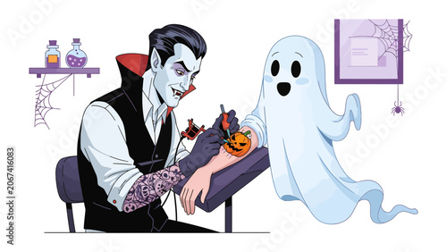 Canvas Print Vampire Giving Ghost a Tattoo: A spooky scene unfolds as a vampire meticulously gives a ghost a Halloween-themed tattoo, complete with a jack-o'-lantern design