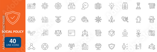 Social Policy Line Icon Set. Featuring Welfare, Equality, Public Service, Community Support, Social Security, Government Program and more. Editable Stroke. Vector Illustration