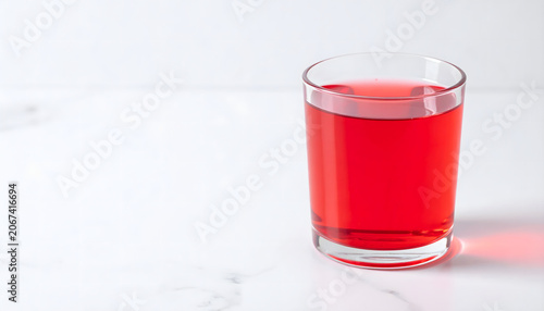 Glass of red berry kissel dessert drink on marble background
