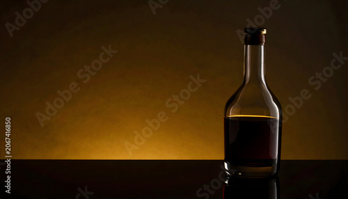 Elegant glass bottle of coffee liqueur on a dark reflective surface