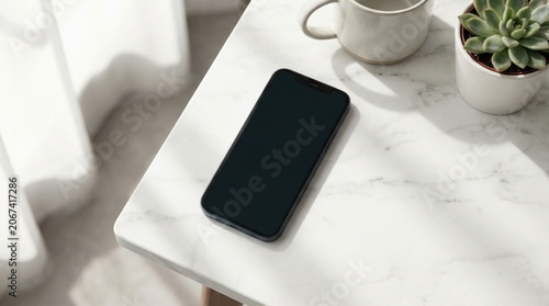 Minimalist iPhone Mockup on White Table with Plant and Coffee Cup