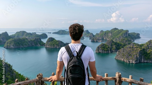 Traveler with backpack looking at scenic limestone island landscape in lan ha bay
