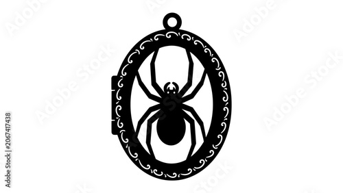 Canvastavla Spider Locket Pendant: An intricate black locket pendant featuring a stylized spider silhouette within an ornate oval frame, symbolizing mystery and the macabre