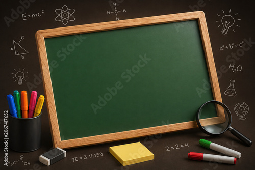 Green Chalkboard in Wooden Frame Surrounded by Scientific Doodles and Office Supplies. STEM Education Concept with Magnifying Glass and Markers. Desk Workspace with Copy Space