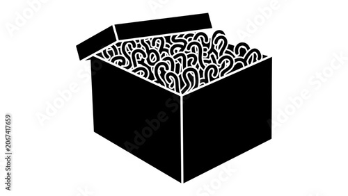 Konstfotografi Mystery in a Box: An open black box reveals a jumble of abstract, swirling shapes, hinting at secrets, creativity, or a puzzle waiting to be solved