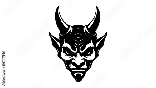 Fotografi Devil's Grin: A striking, monochrome illustration of a devil's face, complete with menacing horns, piercing eyes, and a stern expression, evoking a sense of dark power and mystery