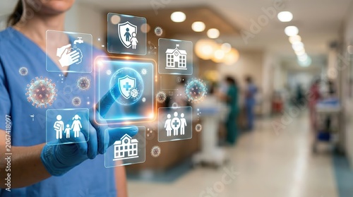 Nurse Interacting with Futuristic Medical Interface in Hospital Corridor.