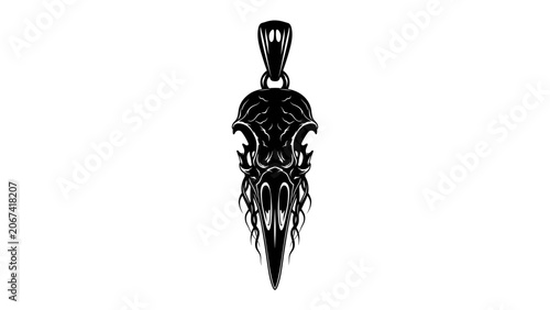 Konstfotografi Gothic Crow Skull Pendant: An intricate and detailed black pendant designed in the shape of a crow's skull with thorny, otherworldly appendages, evoking a sense of dark fantasy and mystique