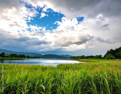 Scenic lake landscape under dramatic sky