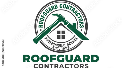 Roofguard Contractors Professional Service Est 1995 Logo with Hammer and Roof Icon.