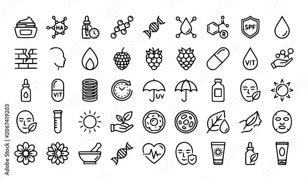 Naklejka premium Skincare Line Icon Set with Retinol Collagen Ceramide and Sunscreen Symbols
