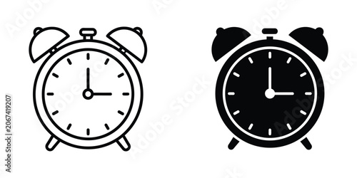 Retro alarm clock icon in outline and solid fill on white background symbolizing time management and deadlines