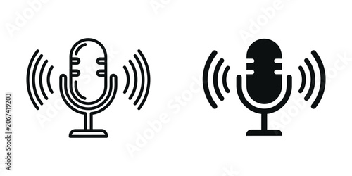 Retro Microphone with Sound Waves in Clean Flat Line Art and Silhouette Style