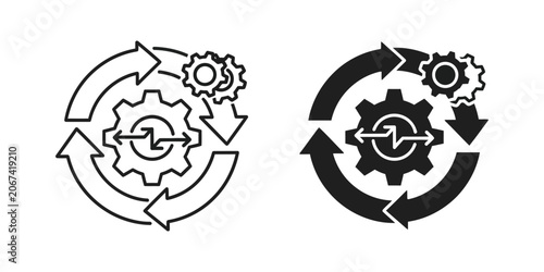 Process flow diagram with gears and circular arrows indicating workflow and automation in a clean design
