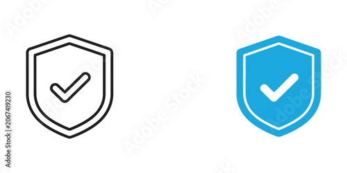 Security shield emblem with checkmark symbol in outline and solid blue styles on white background