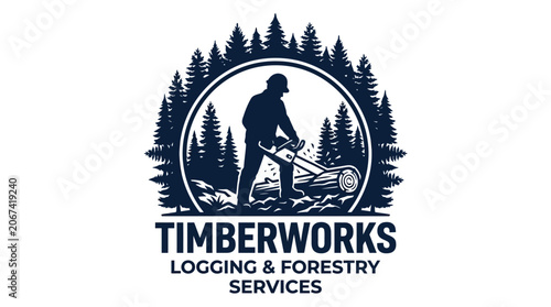 Timberworks Logging and Forestry Services Logo with Logger and Trees.