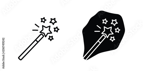 Sparkling magic wand with stars in a simple line art and solid silhouette design for fantasy concepts