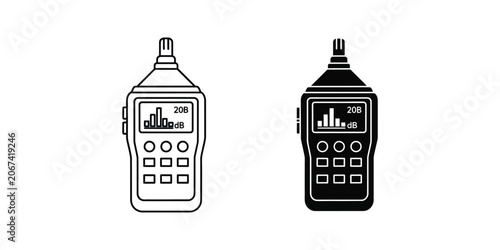 Sound meter device in line and solid black on white background for audio measurement concept