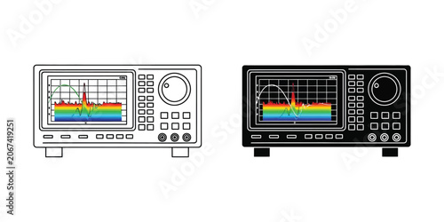 Spectrum Analyzer device with colorful waveform display in line art and solid black illustration for electronics testing