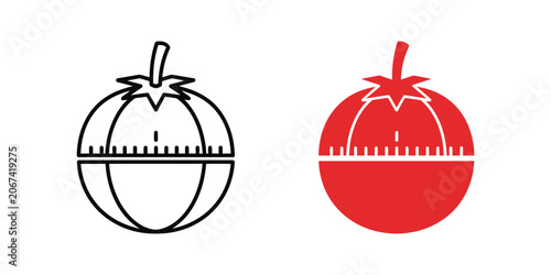 Tomato kitchen timer with measuring scale in line art and solid red design for cooking and culinary concepts