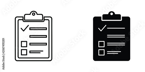 Two checklist clipboard icons in outline and solid black styles against a white background for task management concepts
