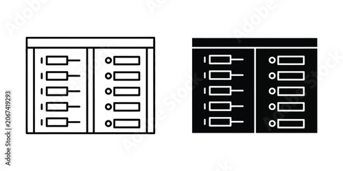 Two abstract representations of a control panel with multiple buttons and indicators in line art and silhouette styles