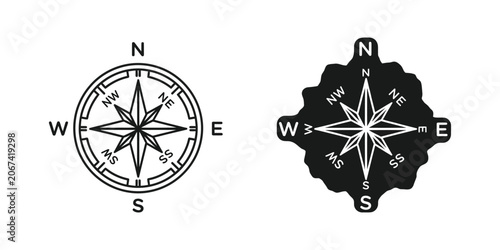 Two compass rose icons with directional markers on a white background representing navigation and exploration