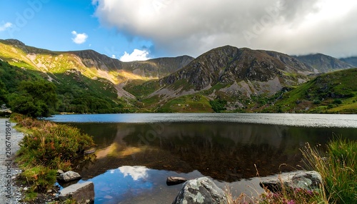 Scenic lake nestled in mountains under a partly cloudy sky