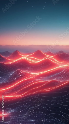 Red light waves moving across dark futuristic mountain grid
