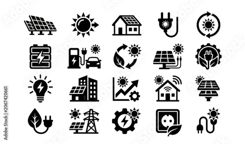 Black and white solar energy icon collection with photovoltaic panels sun power and sustainability symbols vector illustration