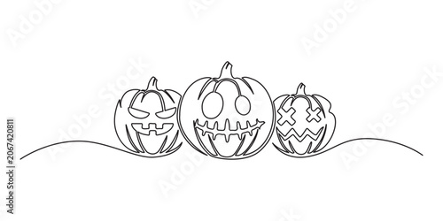 Continuous line drawing of a scary Halloween pumpkin. Vector illustration.
