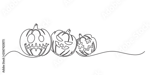 Continuous line drawing of a scary Halloween pumpkin. Vector illustration.
