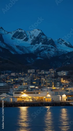 Night coastal city beneath snow covered mountain