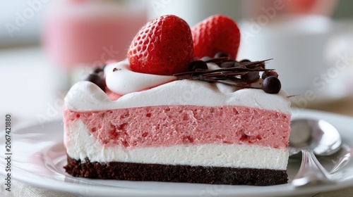 Rich layered dessert with strawberry mousse, cream, chocolate base, and fresh berries