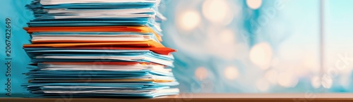 A tall stack of documents with orange and blue folders on a wooden surface, bokeh background