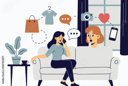 Woman multitasking while sitting on a couch and managing social media, online shopping, and phone communication.