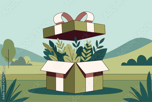 Open gift box with various green leaves and plants growing out of it symbolizing nature as a gift and environmental sustainability.