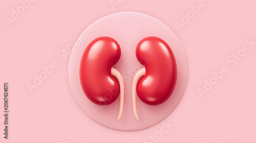 3D Rendering of Glossy Red Kidneys with White Ureters on Pastel Pink Background