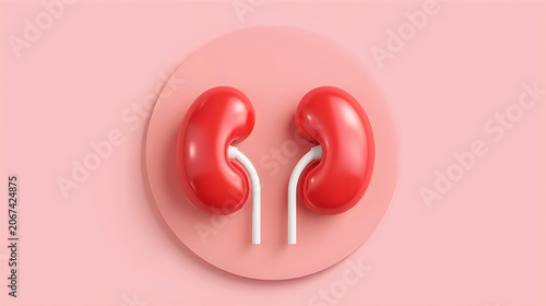 3D Red Glossy Kidneys with Smooth Curves and White Ureters on Pastel Pink Background