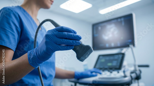Close-up of a female medical sonographer in scrubs and gloves holding an ultrasound transducer probe. Hospital diagnostics and professional healthcare examination services.