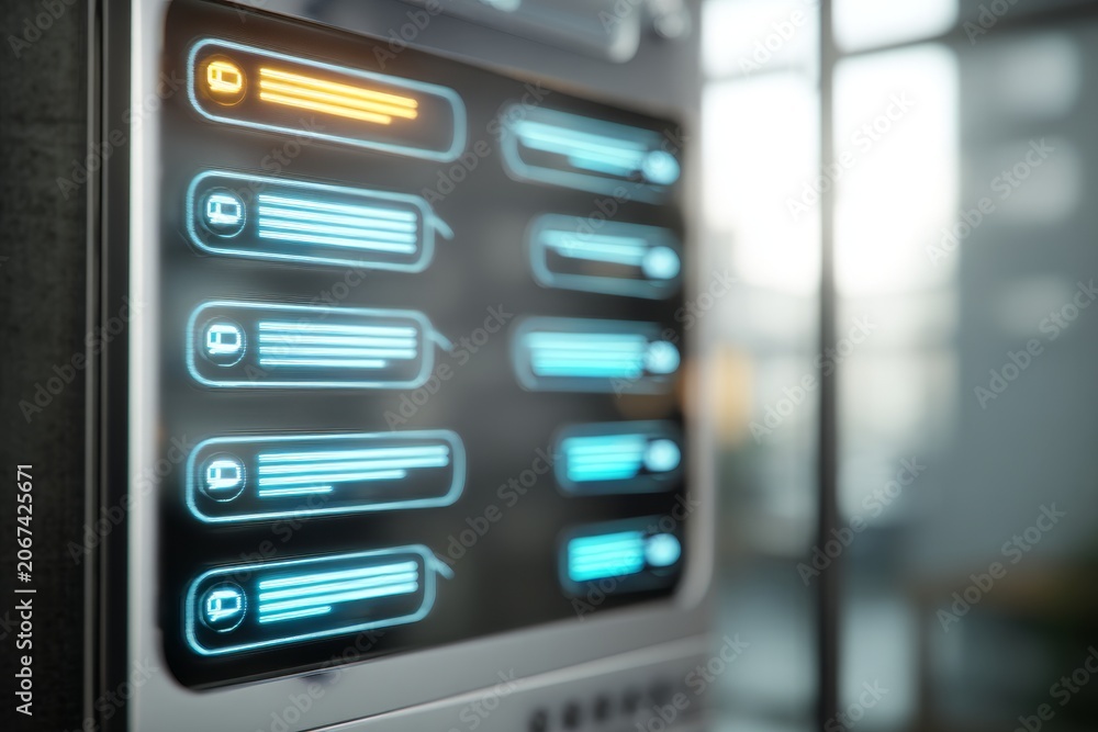 Fototapeta premium Modern server rack with illuminated LED indicators and digital data panels in a high tech office environment. Futuristic technology concept for data management and cloud computing