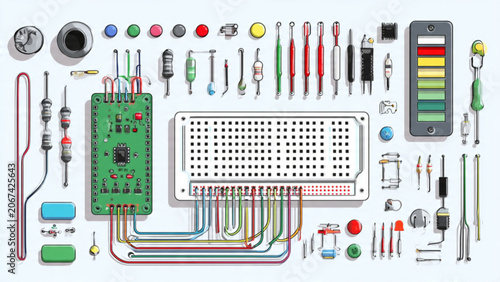 Electronic components and circuit board with wires resistors capacitors and microcontroller for technology project