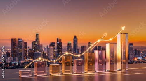 Premium Financial Growth 3D Glass Charts with Skyline Background