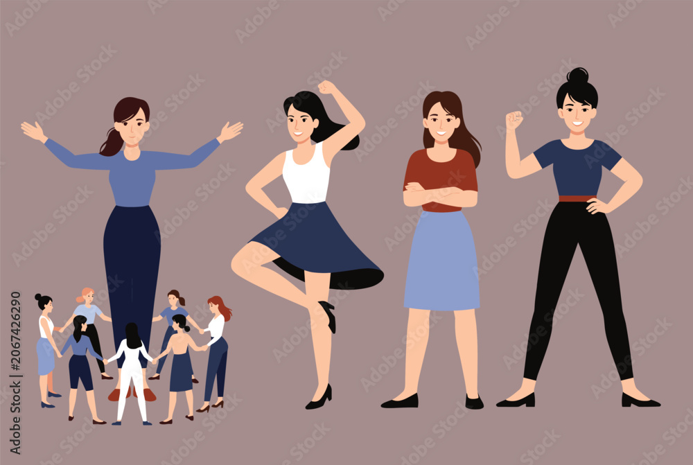 Fototapeta premium Group of diverse confident women stand together in empowering poses representing female strength and solidarity in the modern world.