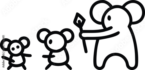 Photography Minimalist black outline icon of a koala holding a match with baby animals