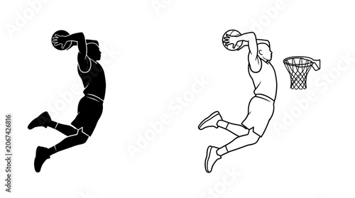 Konstfotografi Basketball player silhouette against white background dynamic sports illustratio