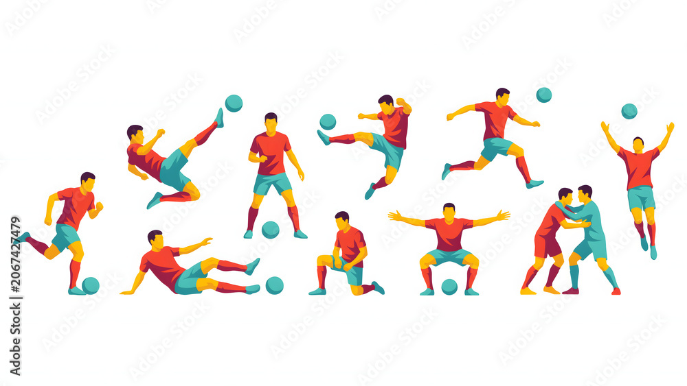 Fototapeta premium Collection of flat soccer player in various action poses and red isolated on transparent background png