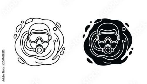 Tableau sur toile Scuba diver with mask and breathing apparatus icon set in linear outline and fla